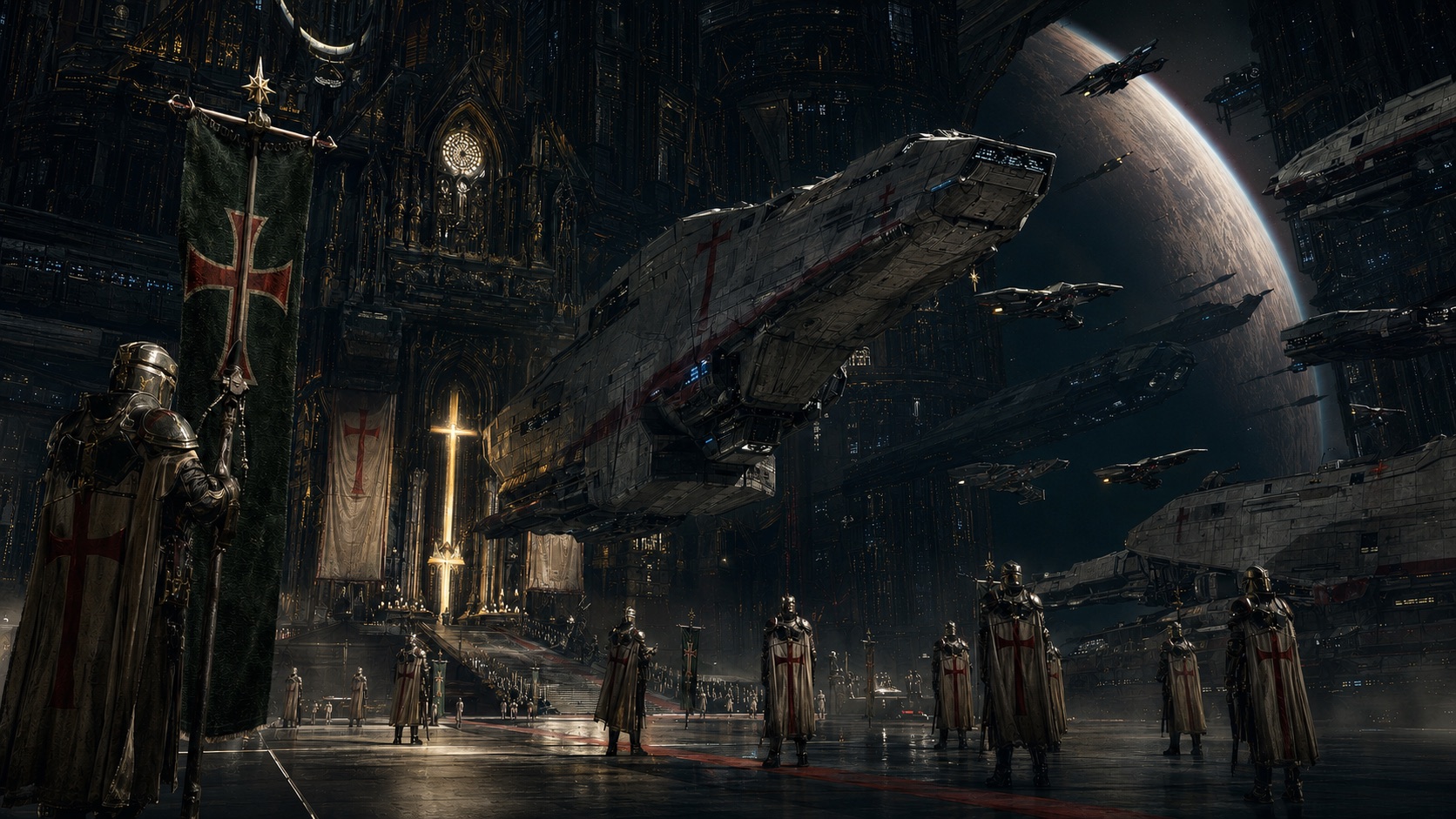 Painting: a capital ship suspended in a cathedral drydock, a golden cross of light burning beneath it while Templar knights stand vigil