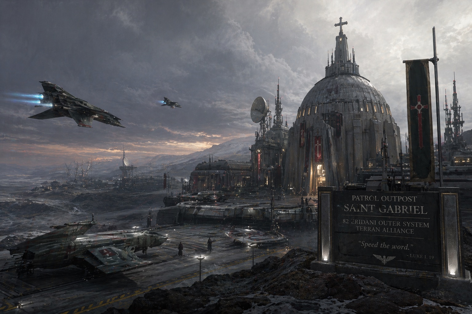 Painting: Patrol Outpost Saint Gabriel — a domed cathedral outpost on a storm-grey frontier world, fighters lifting off past its cross