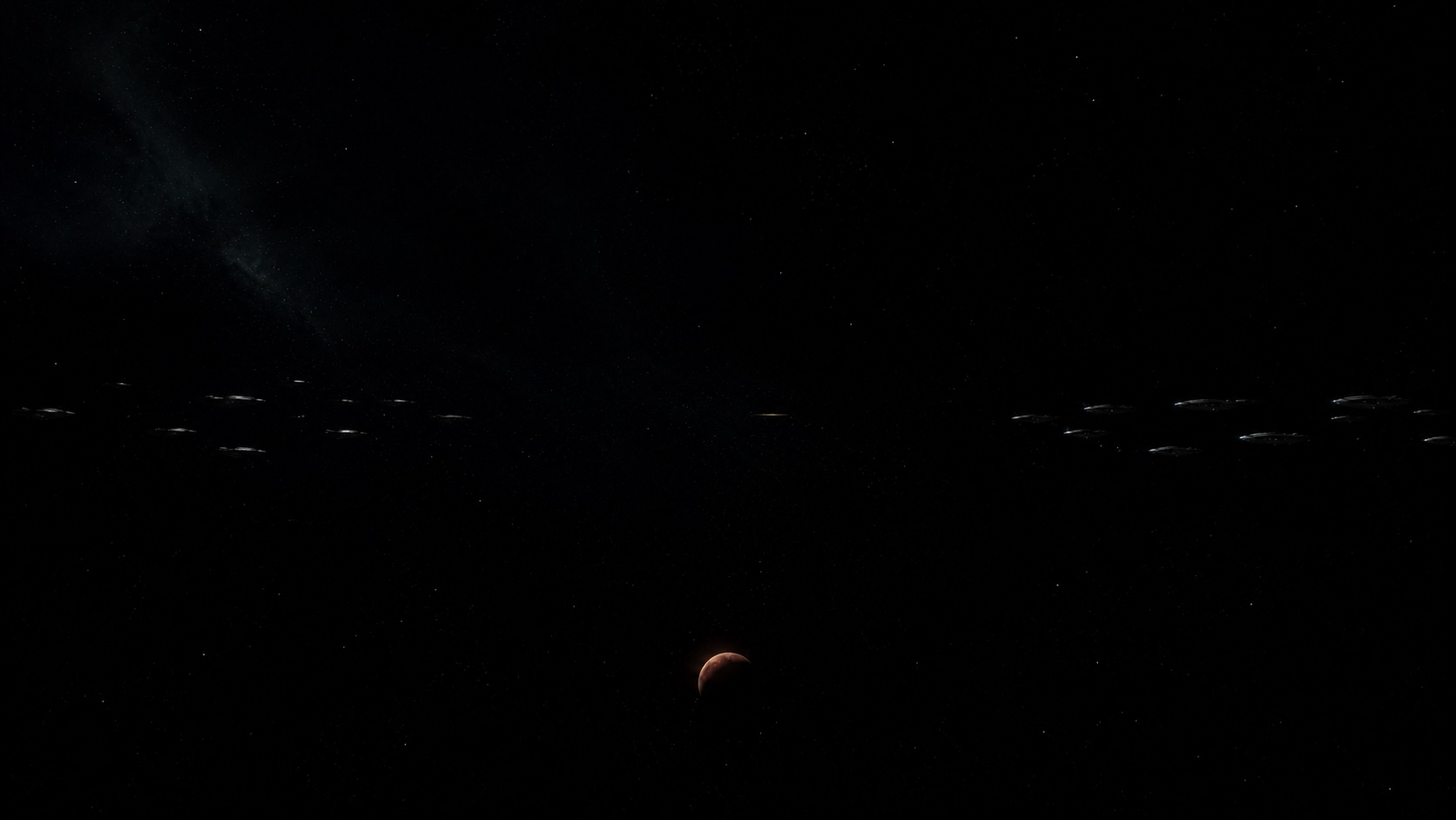 Two fleets holding a silent standoff across an immense gulf of space, Mars a dim crescent below