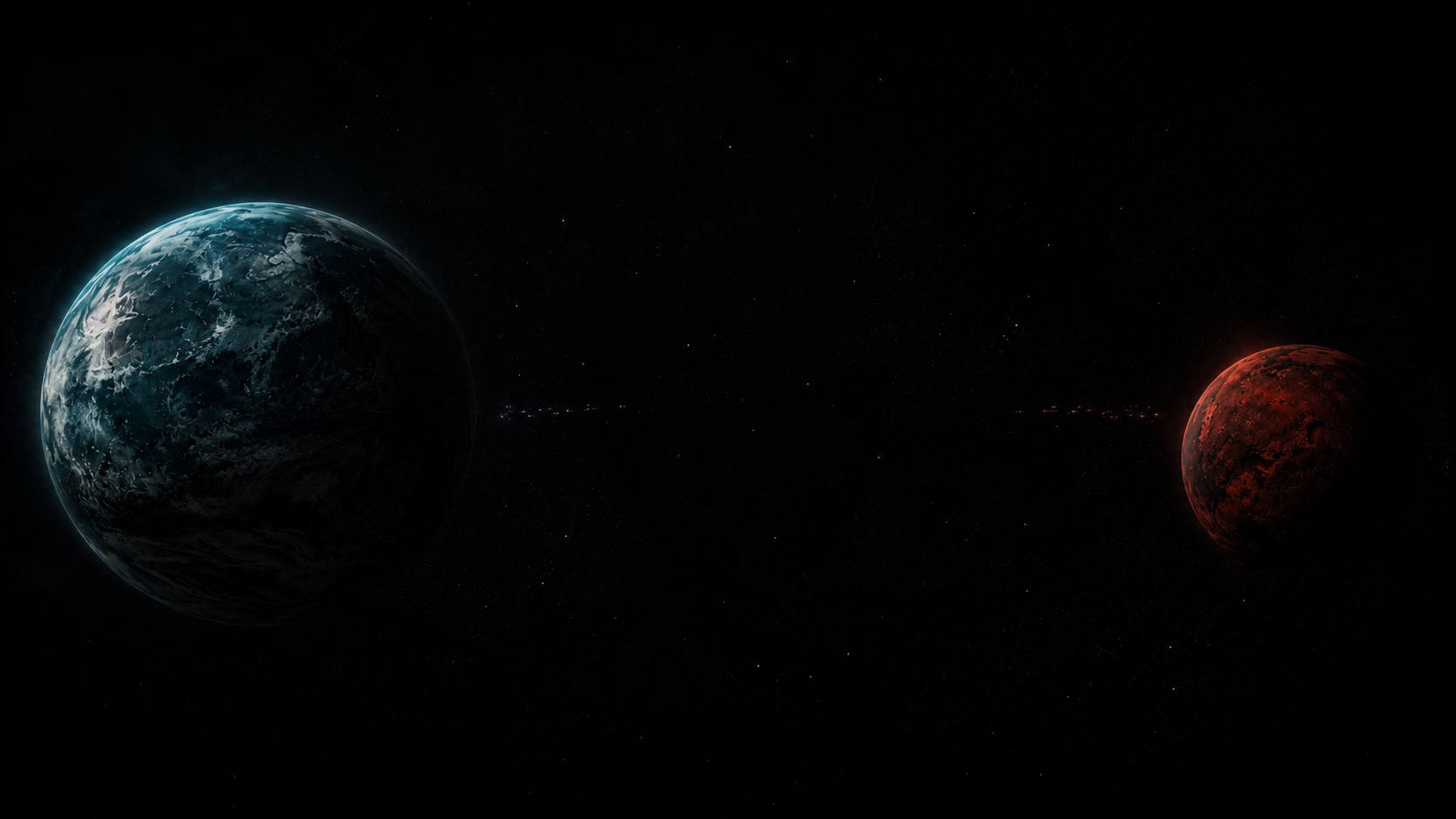 Earth and Mars facing one another across the dark gulf of Sol, two fleet lines strung between them