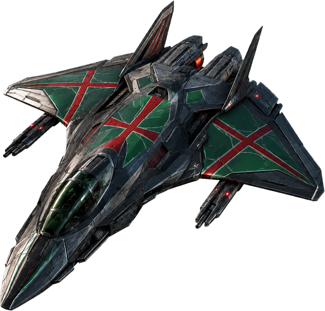 The SF-102M Vanguard — a green Terran strike fighter marked with red crosses, rendered in phosphor wireframe survey