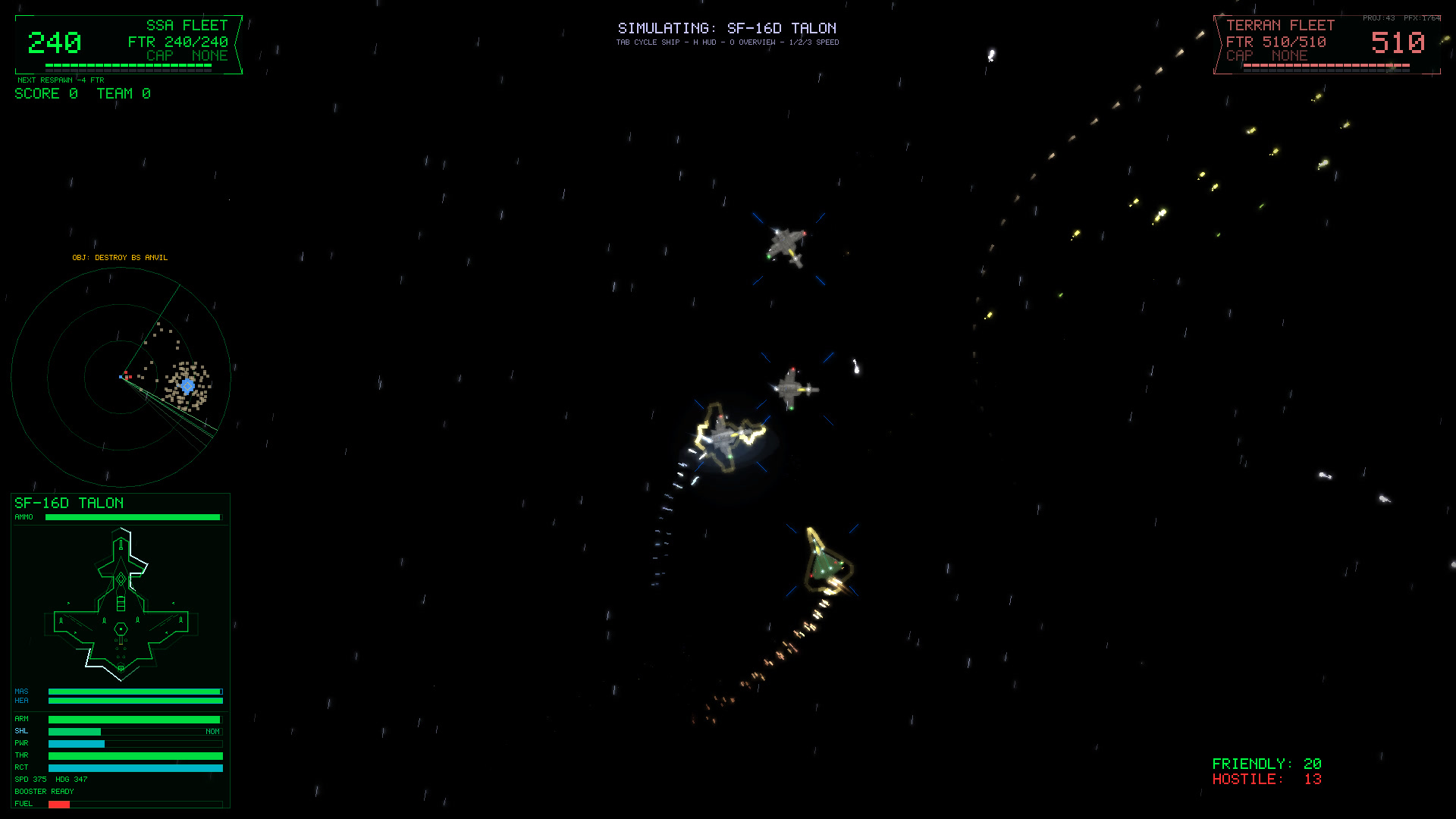 In-game screenshot: a Talon bracketed among asteroids with the objective Destroy BS Anvil on the radar bezel
