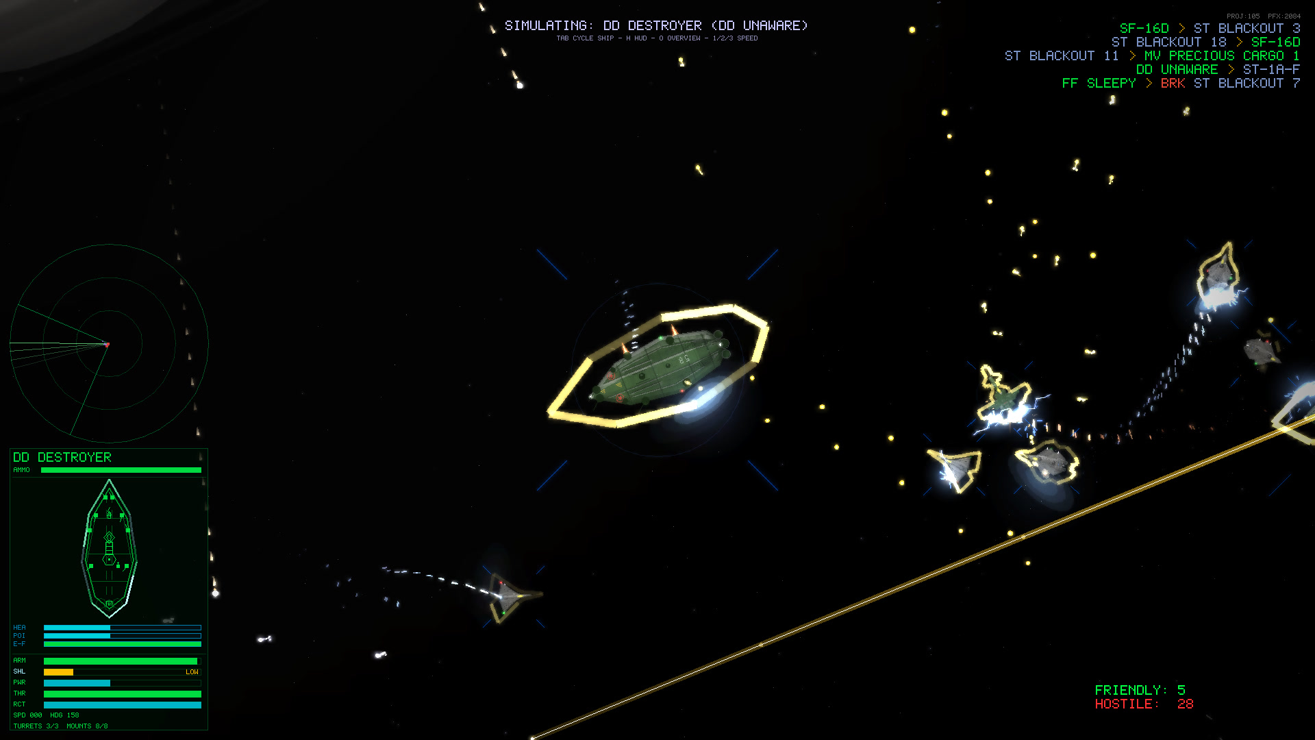 In-game screenshot: a hexed destroyer burning at the engines while cloaked wraiths flare into visibility around it