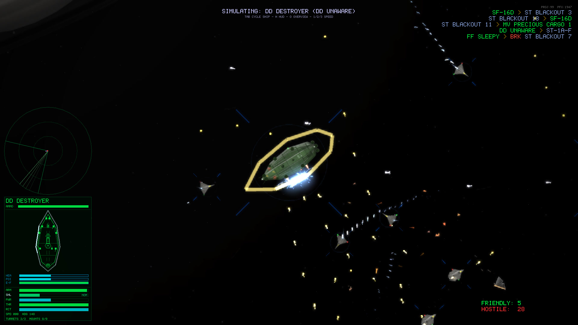 In-game screenshot: a destroyer's shields flaring blue-white under cloaked wraith attack, gold target hexagon around the hull