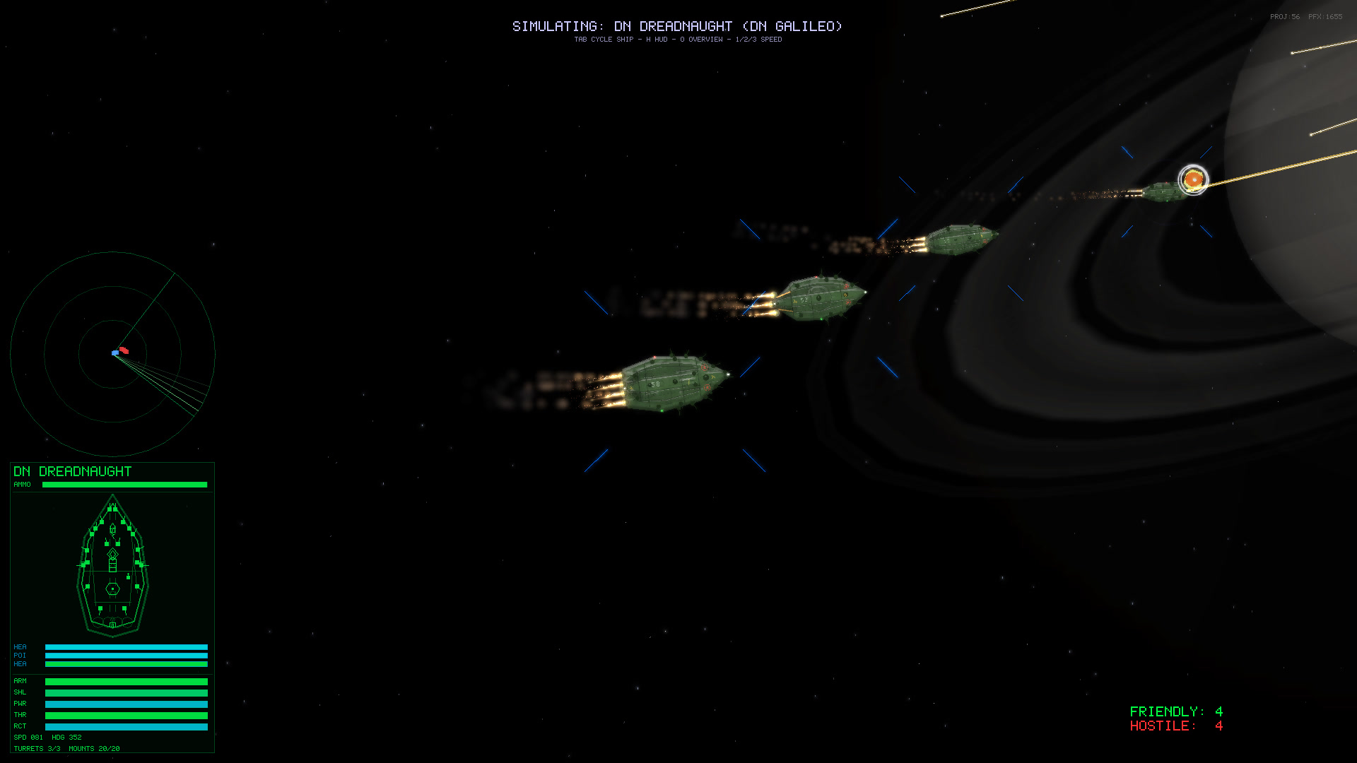 In-game screenshot: four capital ships in echelon riding golden engine wakes toward a ringed planet, one under beam fire