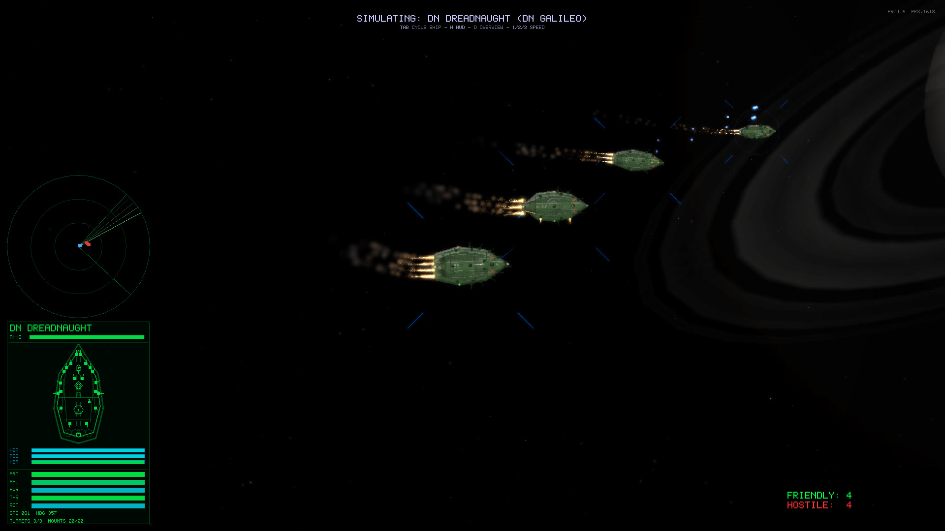 In-game screenshot: three dreadnoughts in echelon formation riding golden engine wakes toward planetary rings