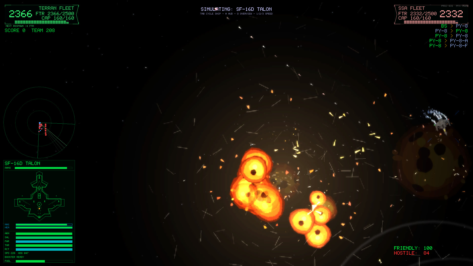 In-game screenshot: a cluster of fireballs blooming amid debris in a supercarrier engagement