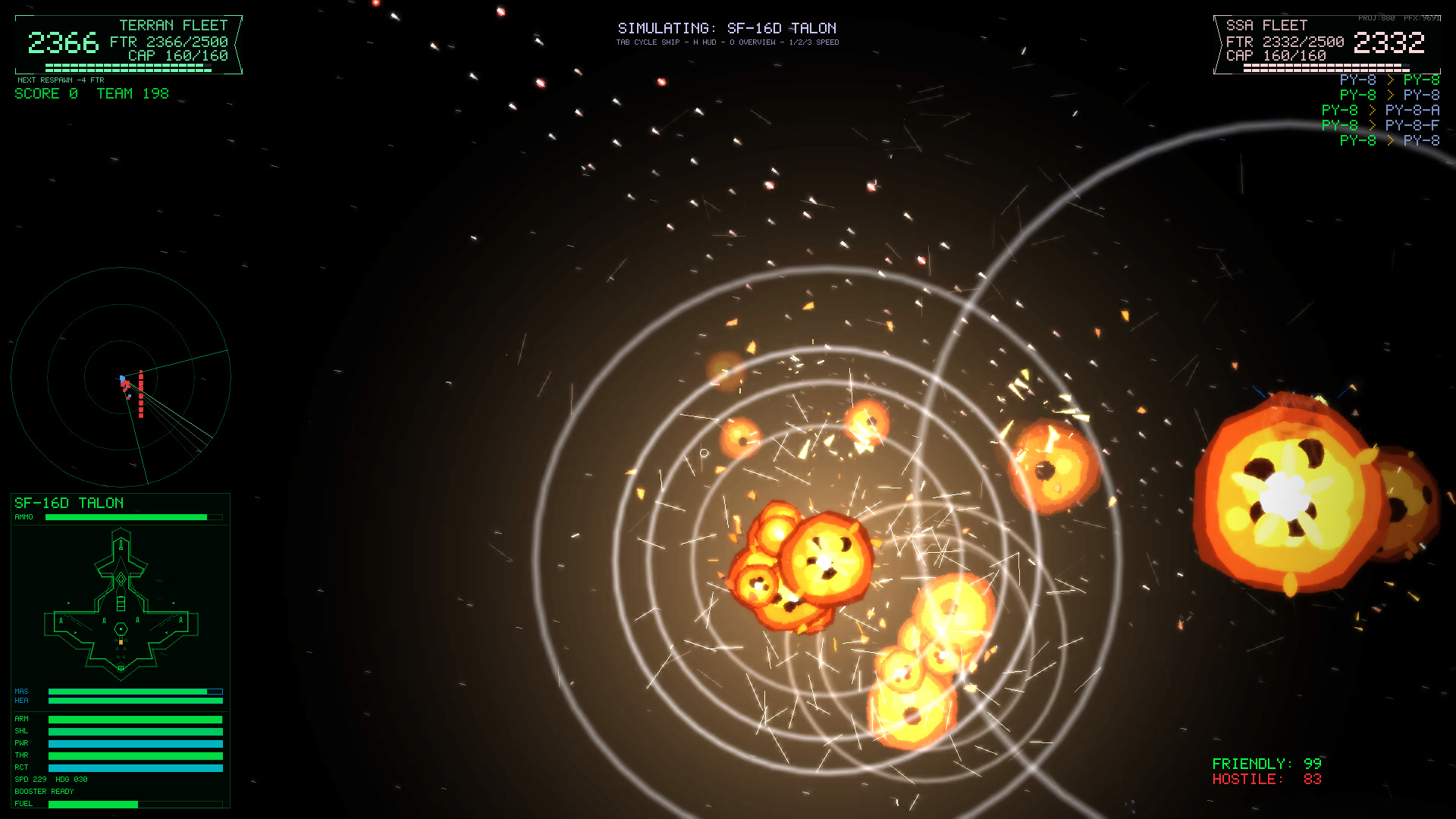 In-game screenshot: overlapping shockwave rings and clustered fireballs in an attrition battle between supercarrier fleets