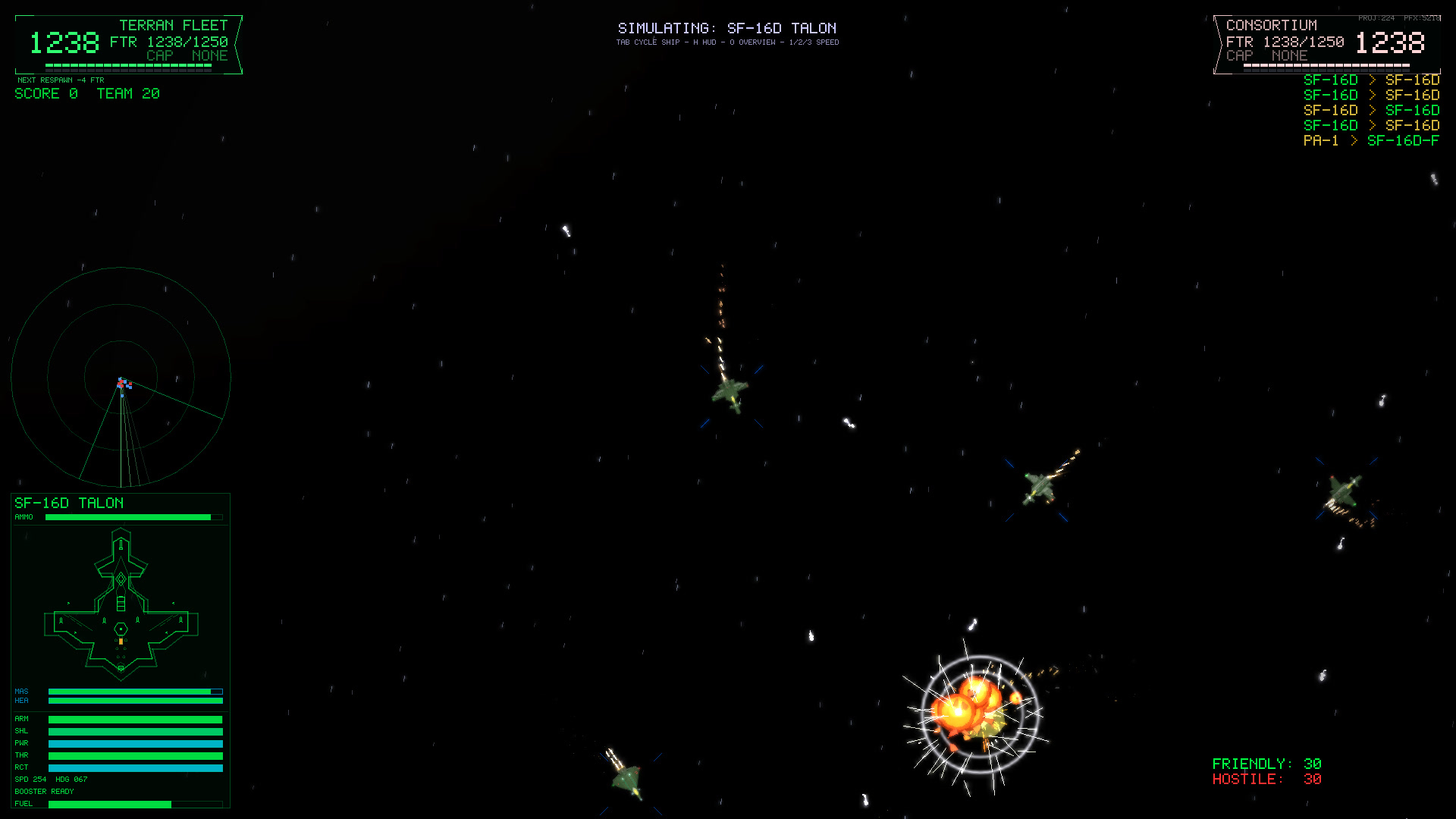 In-game screenshot: a ringed fireball kill among comet streaks as fighters scatter