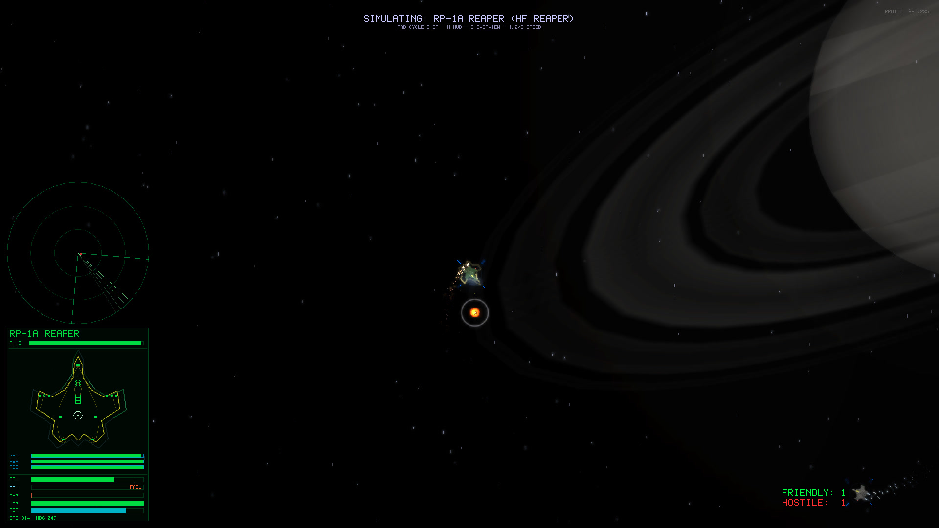 In-game screenshot: a lone Reaper closing on a red-ringed target against a giant ringed planet