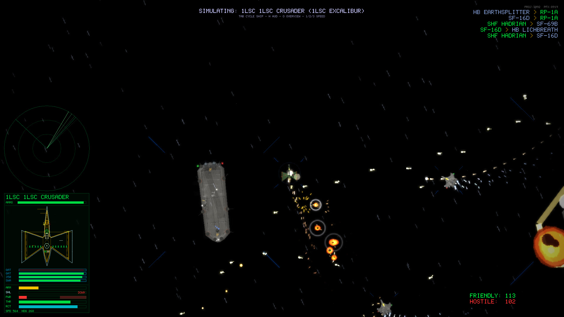 In-game screenshot: a burning carrier hulk drifting past a trio of ringed fireballs