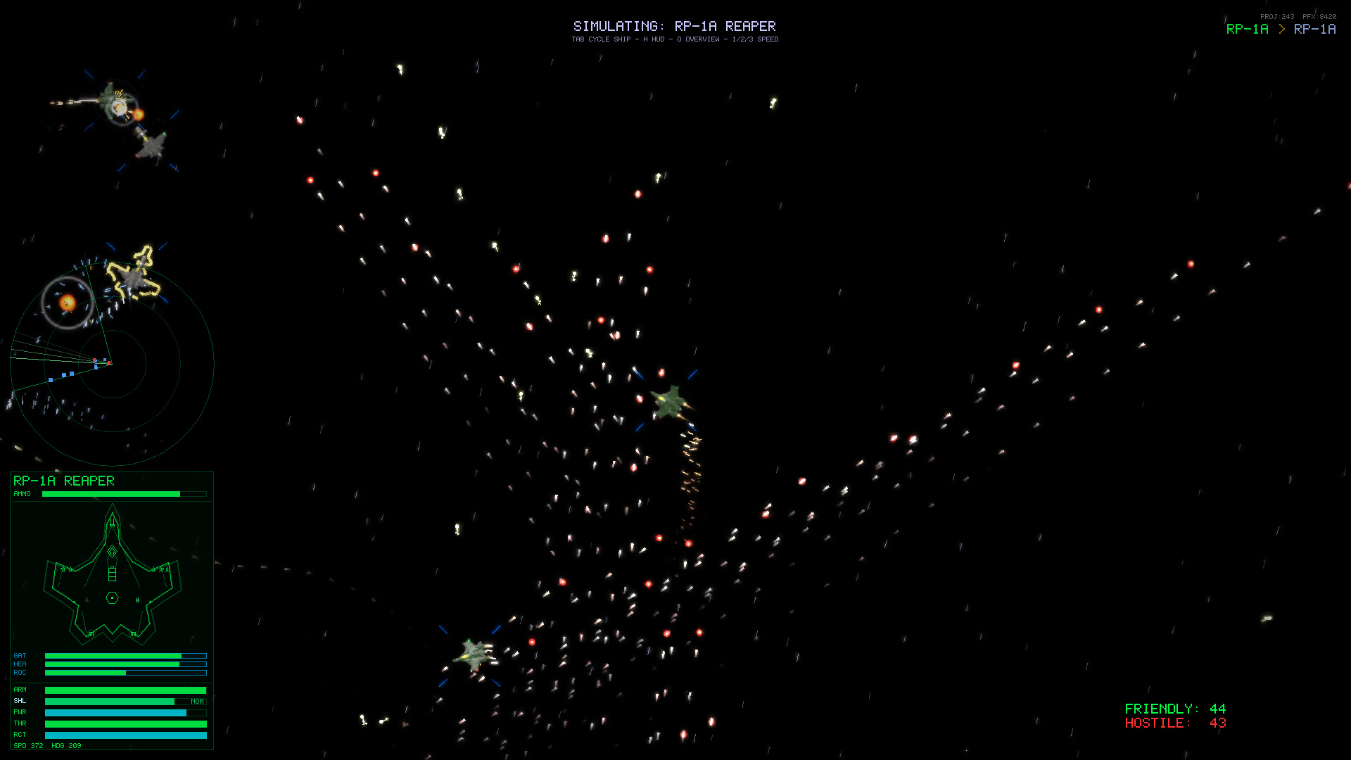 In-game screenshot: a fighter weaving through diagonal storms of red and white tracer fire