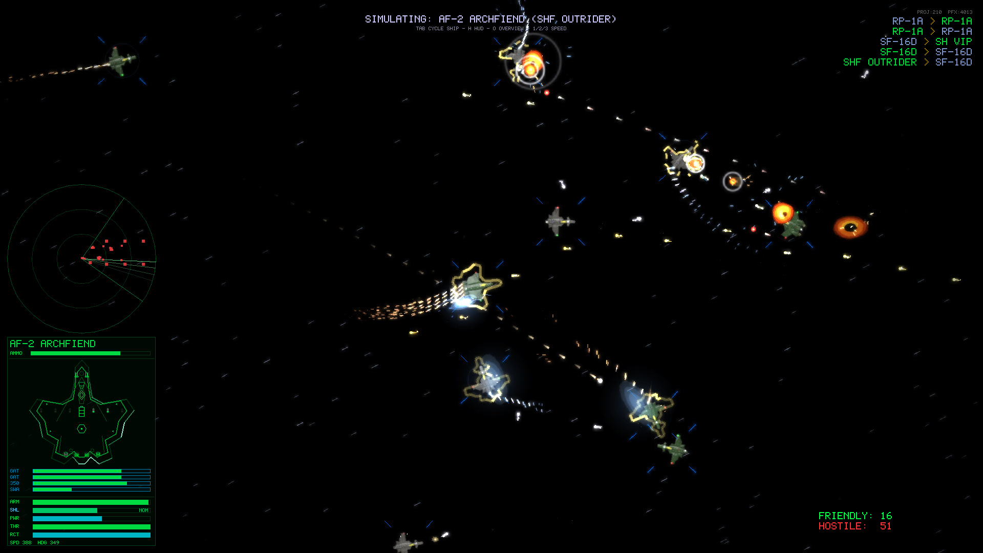 In-game screenshot: a dense dogfight of gold-outlined fighters, ringed explosions and tracer streams