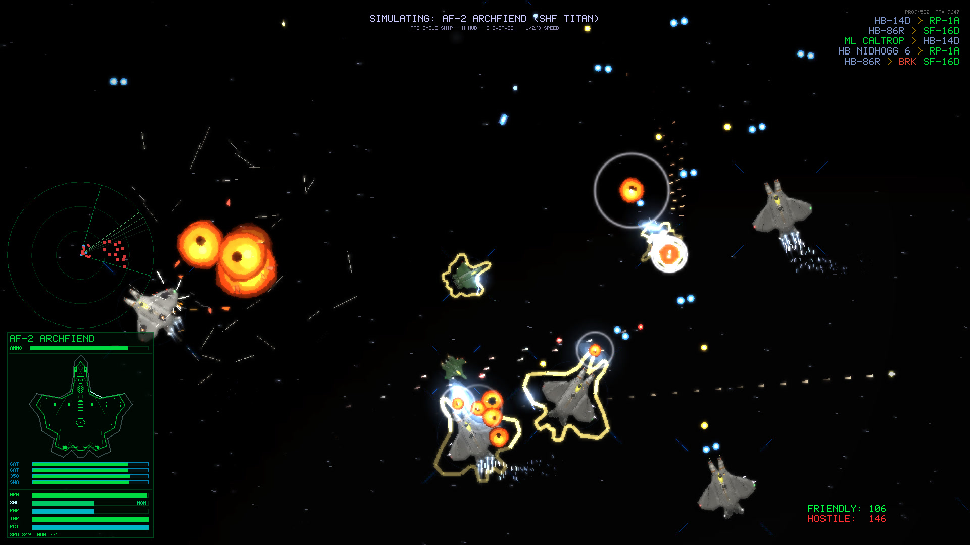 In-game screenshot: twin fireballs among shield-flared bombers weaving through flak and blue plasma bolts