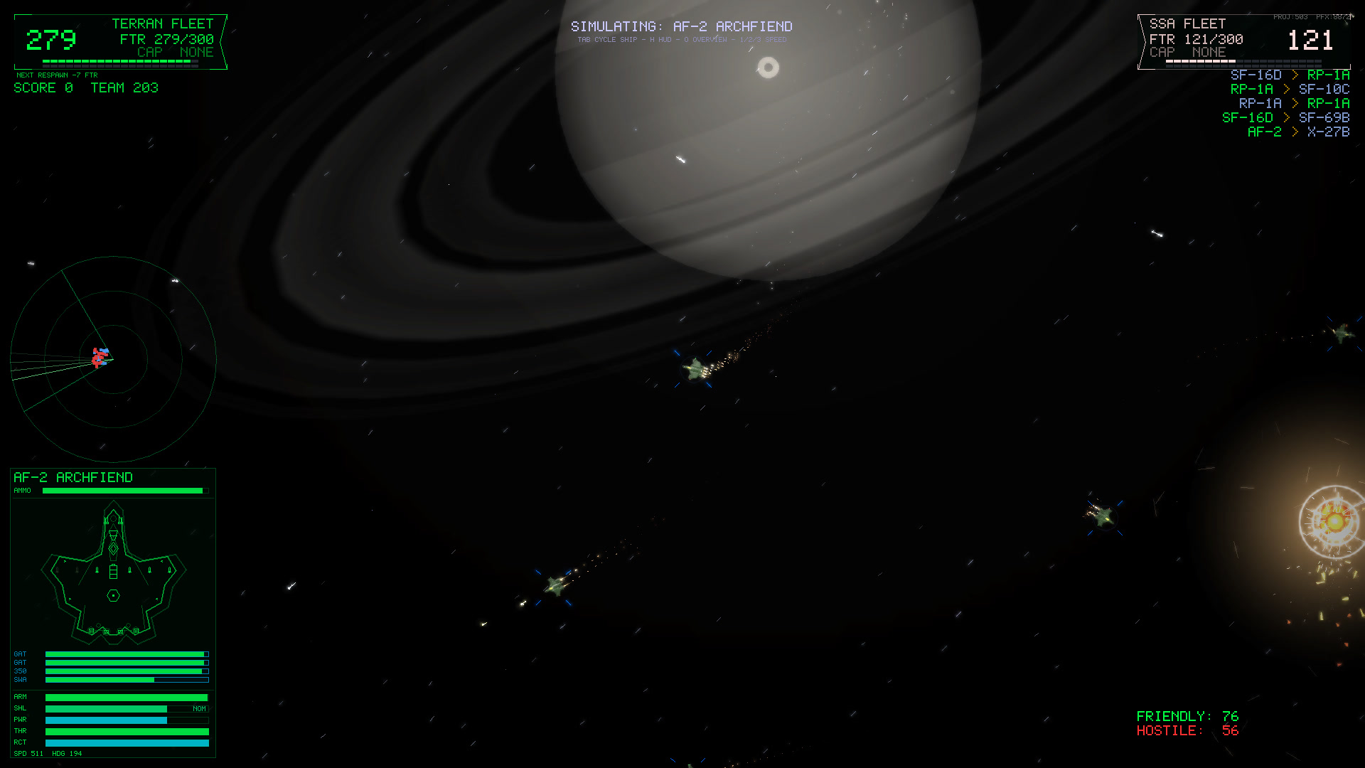 In-game screenshot: the ringed gas giant looming over scattered fighters as a kill flares like a small sun
