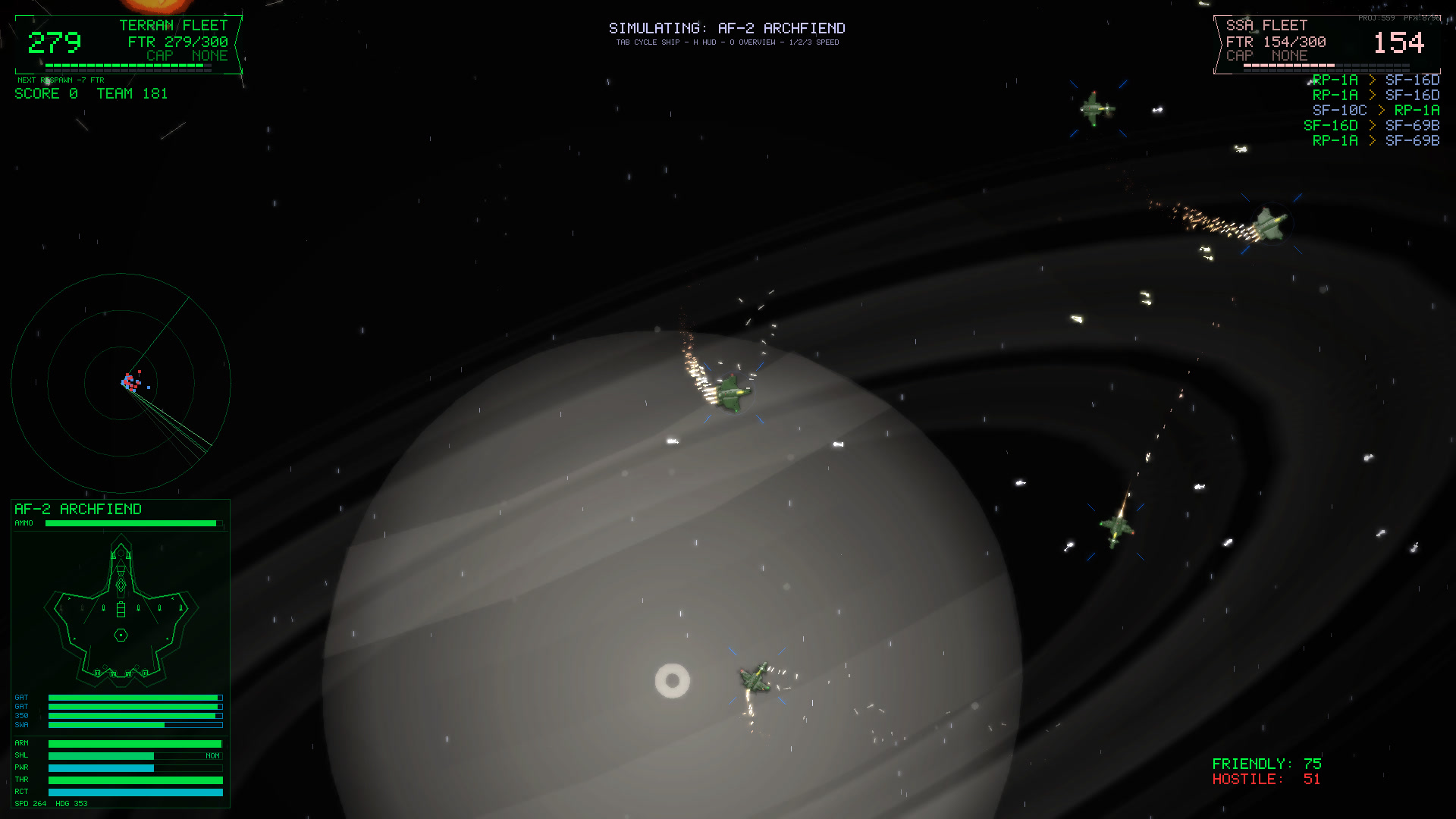 In-game screenshot: fighter wings strafing over an immense ringed gas giant during a massed melee