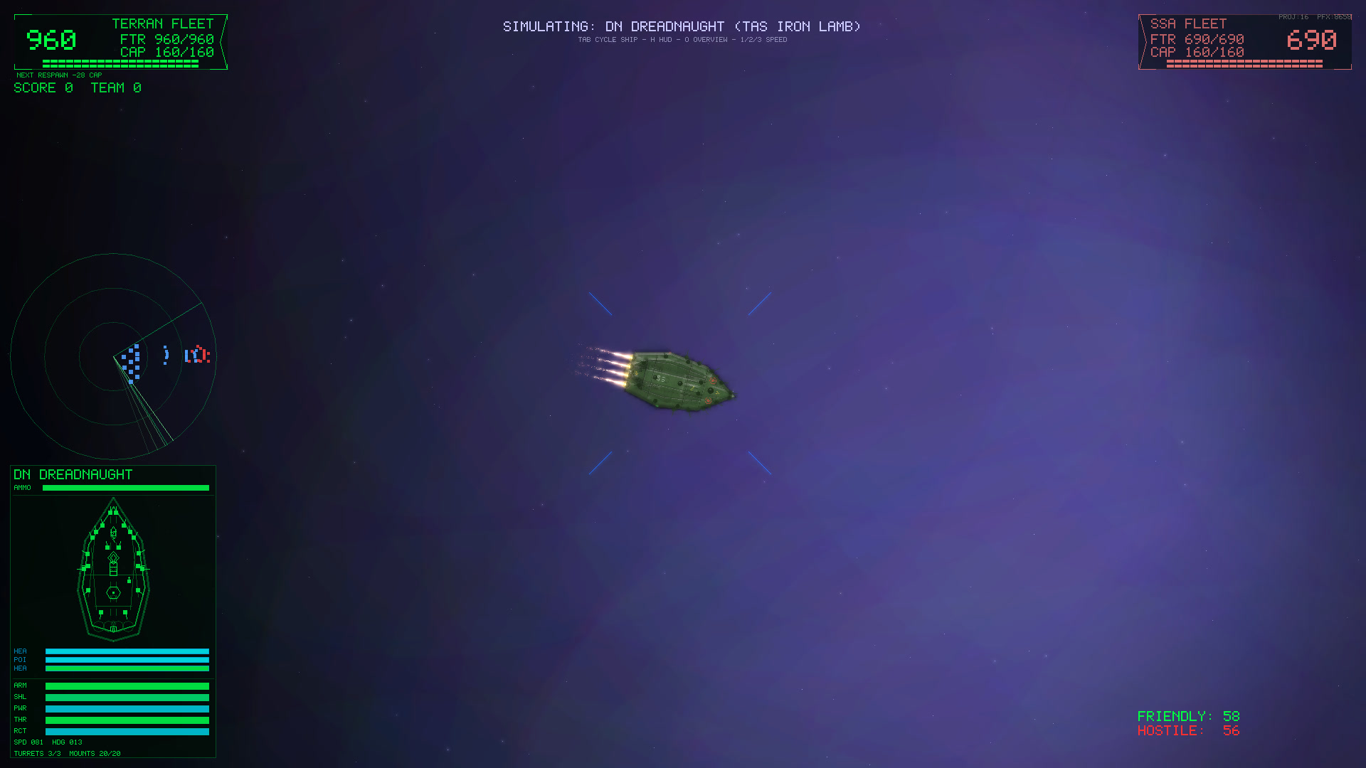 In-game screenshot: a lone dreadnought cruising through the violet Orion nebula