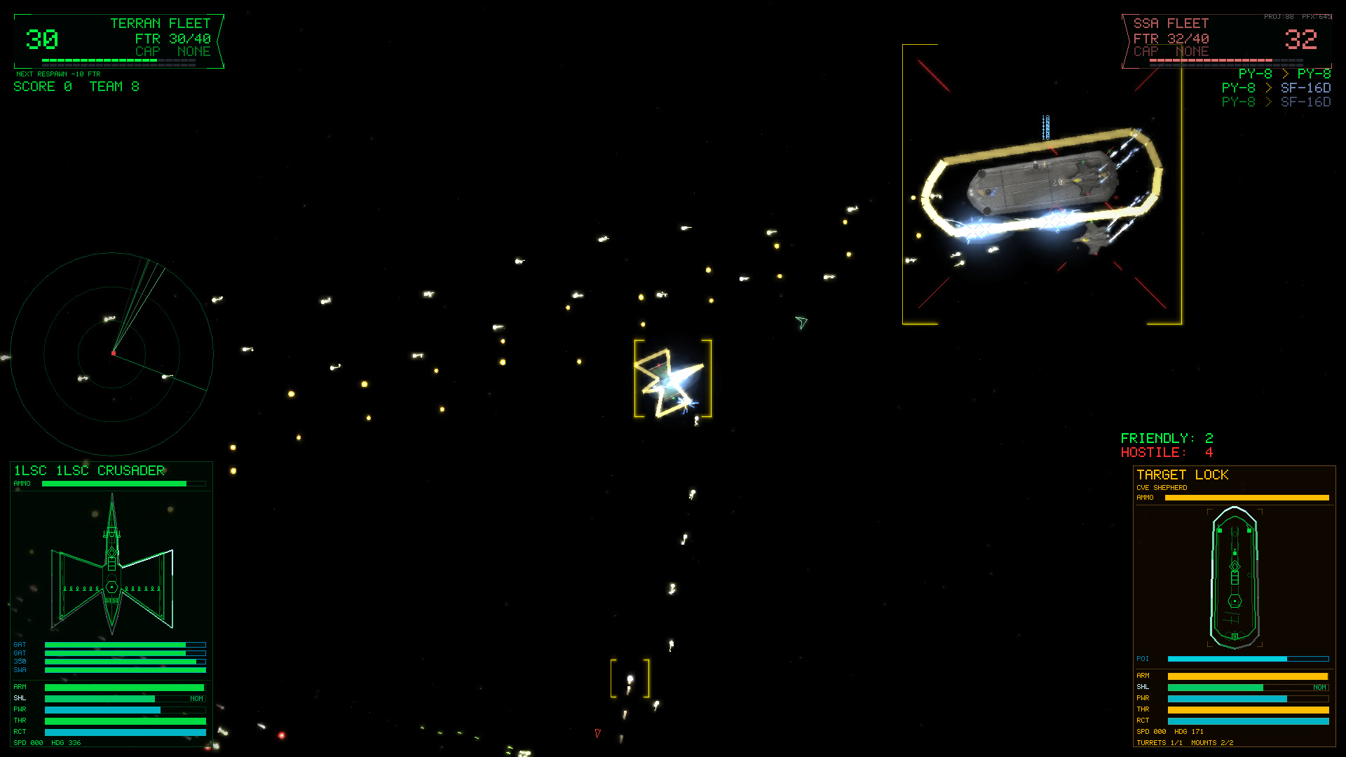 In-game screenshot: a pocket carrier bracketed in the target-lock overlay, shields flaring under escort fire