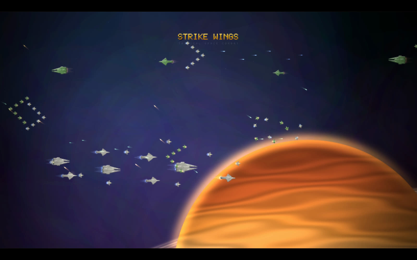 In-game screenshot: the Strike Wings title screen, a fleet cruising over an orange gas giant