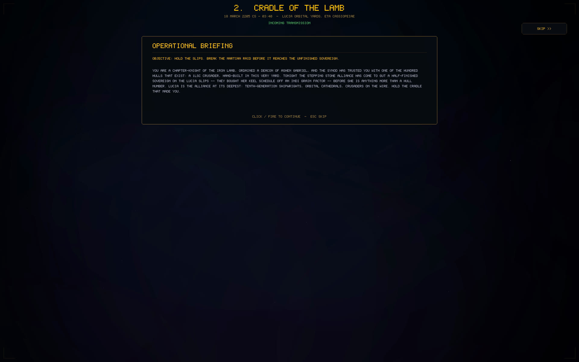 In-game screenshot: a campaign mission briefing titled Cradle of the Lamb with objective text
