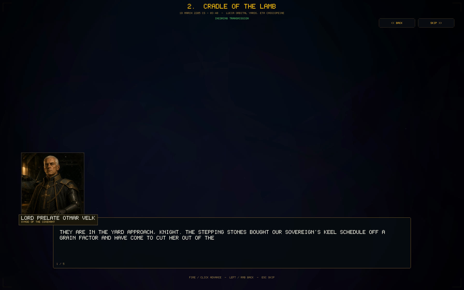 In-game screenshot: a campaign dialogue with Lord Prelate Otmar Velk, Voice of the Covenant