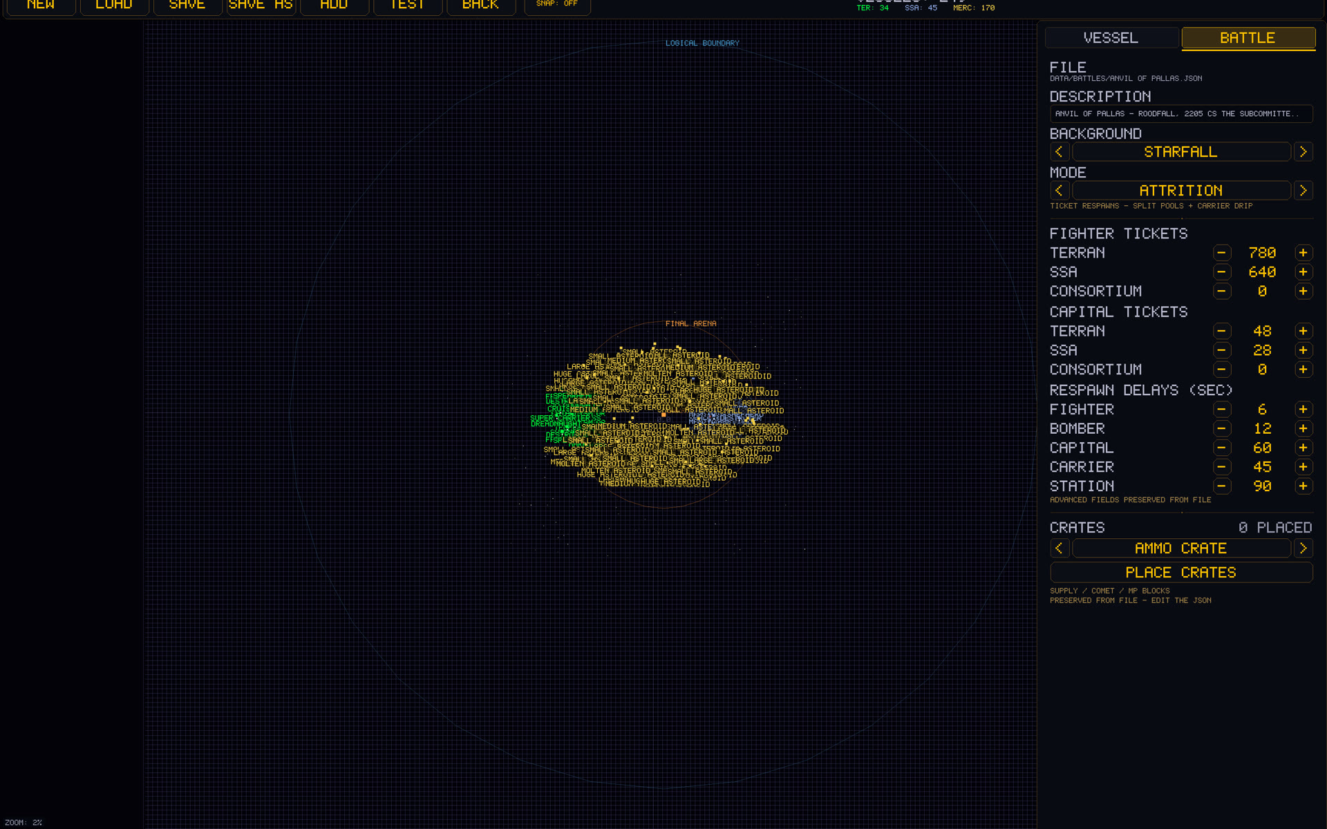 In-game screenshot: the battle editor rules view — attrition mode with fighter and capital ticket pools and respawn delays
