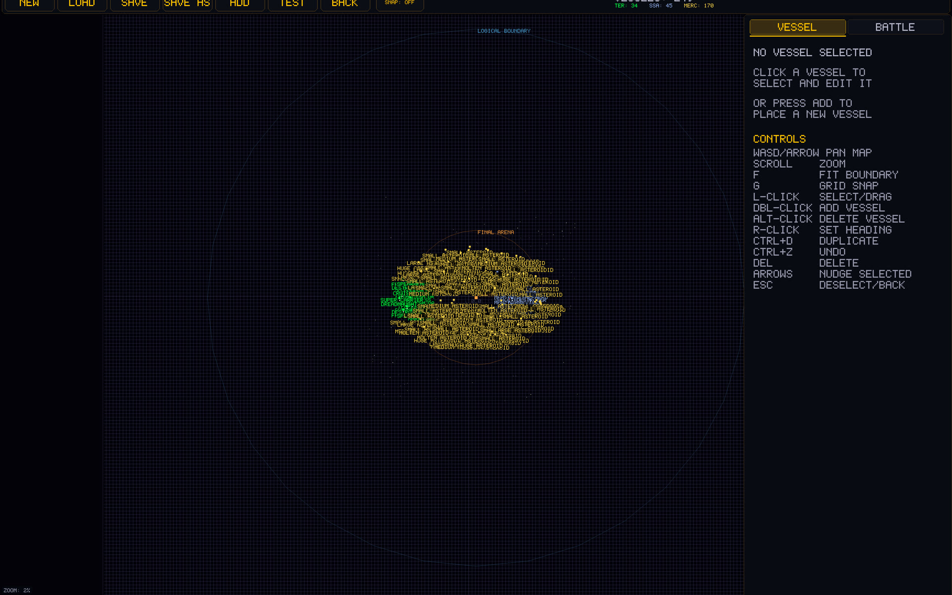 In-game screenshot: the battle editor vessel view with a massed fleet placed inside the final arena boundary