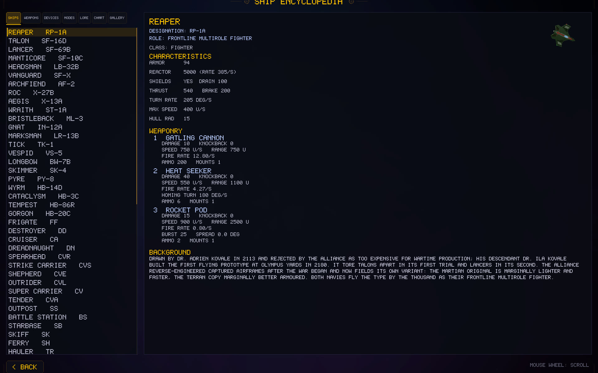 In-game screenshot: the ship encyclopedia opened on the RP-1A Reaper with characteristics, weaponry and background