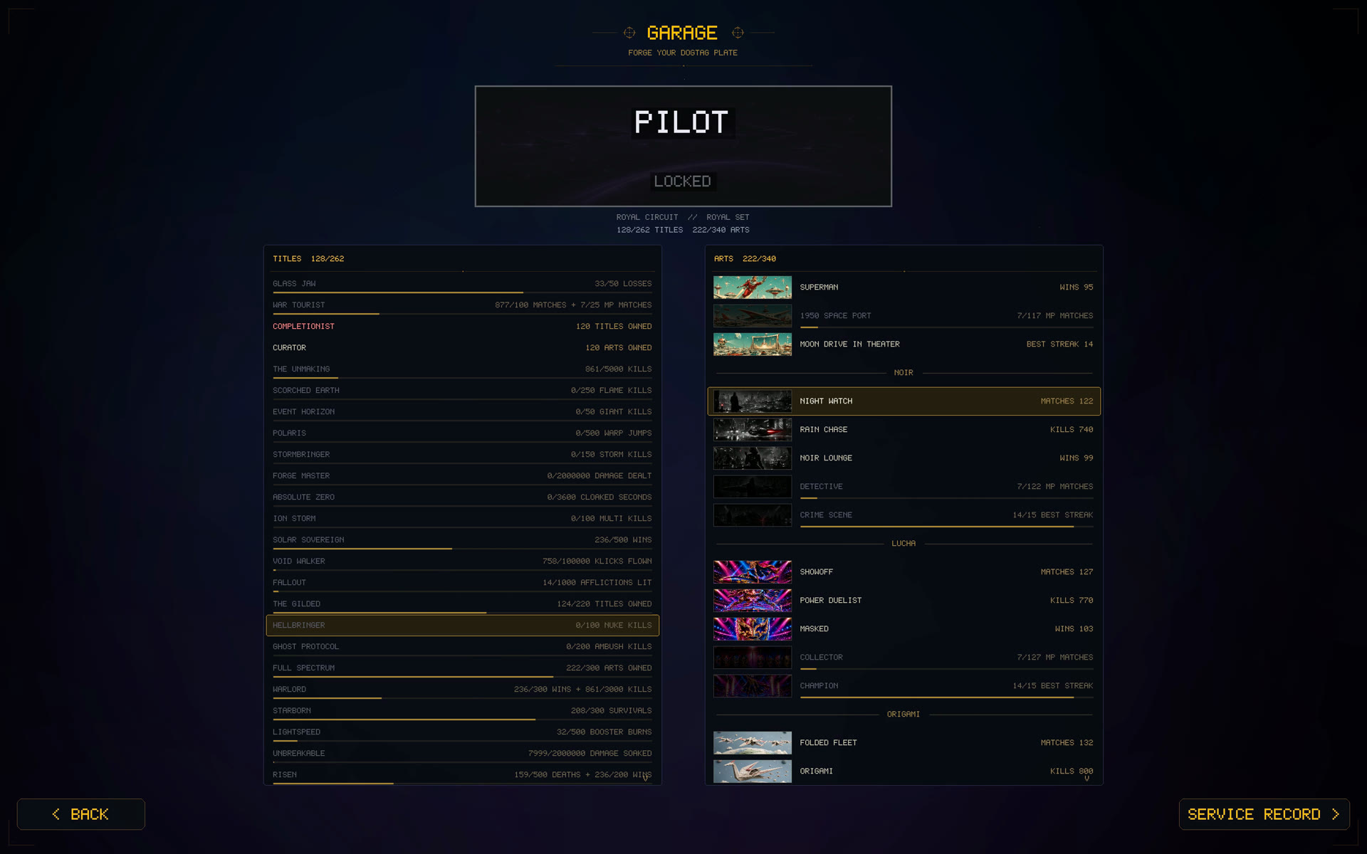 In-game screenshot: the garage title screen with earned titles list and plate gallery