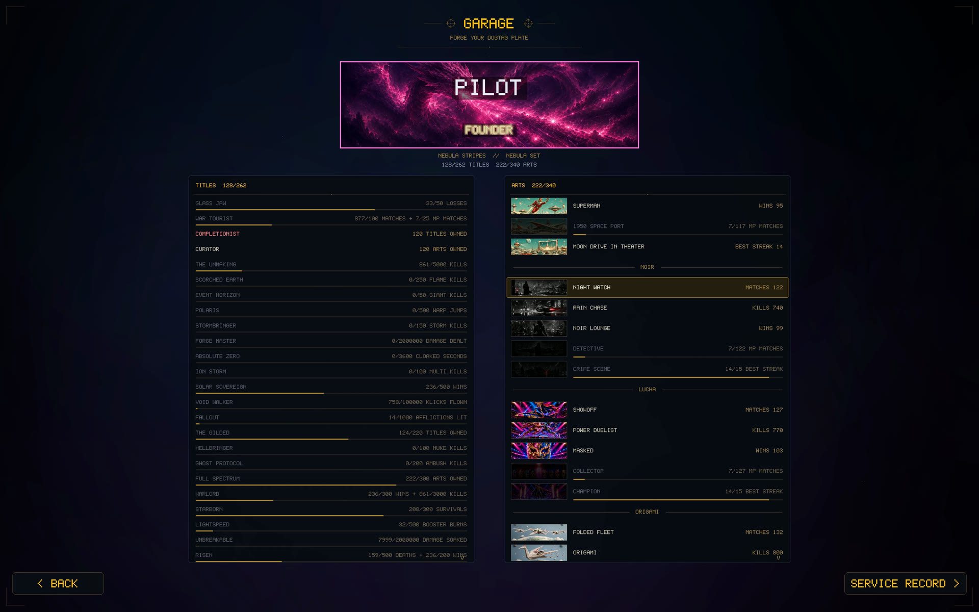 In-game screenshot: the garage showing the Founder plate over a pink nebula with title progress ledger