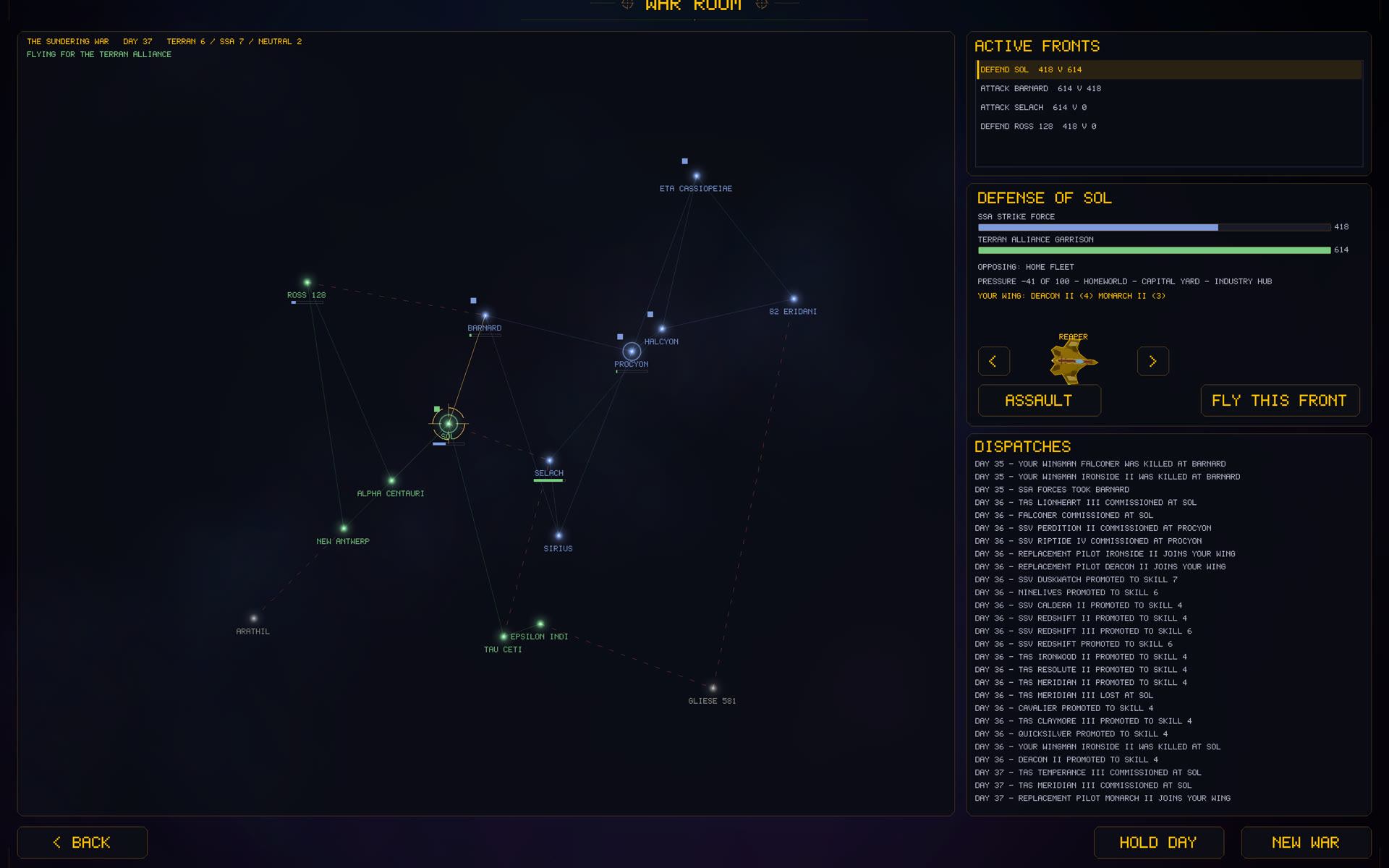 In-game screenshot: the War Room campaign screen — a star chart of active fronts with fleet strength bars and a day-by-day dispatch ledger