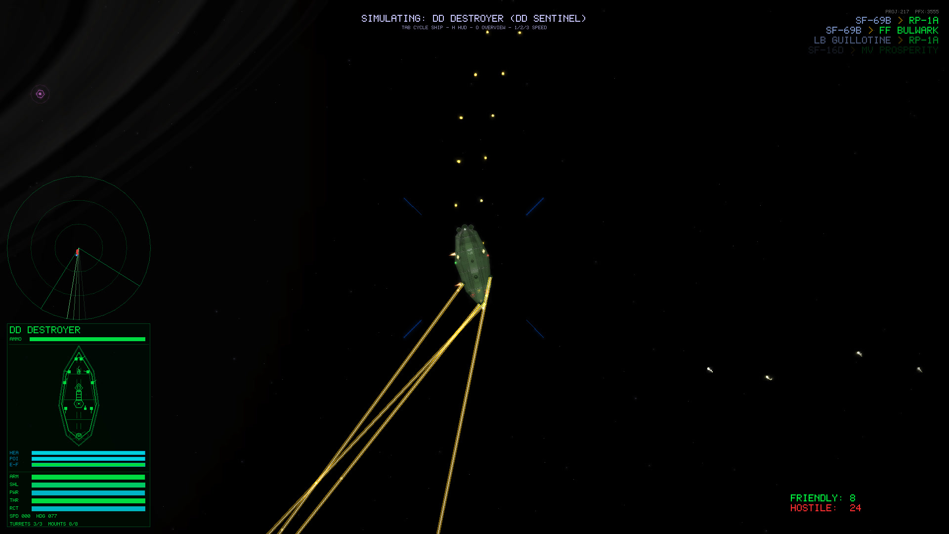 In-game screenshot: a destroyer firing four golden beam lances downward through a debris field