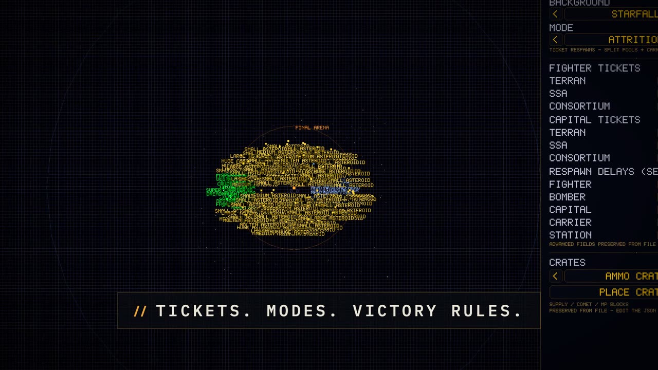 The Forge trailer poster: the battle editor with a massed fleet placed in the final arena
